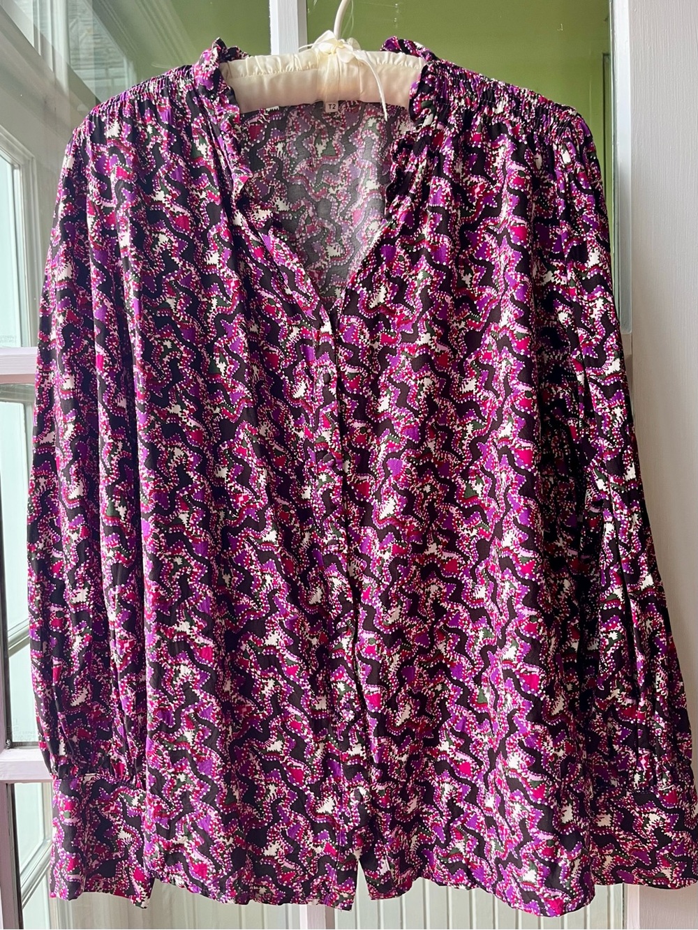 SUNCOO Purple & Magenta Pattern Blouse, V-Neck Long-Sleeve Frilly Collar Ditsy
